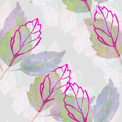 Watercolor, graphic leaves.Image on white and colored background.Seamless pattern.