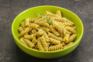 Italian pasta Fusilli with pesto