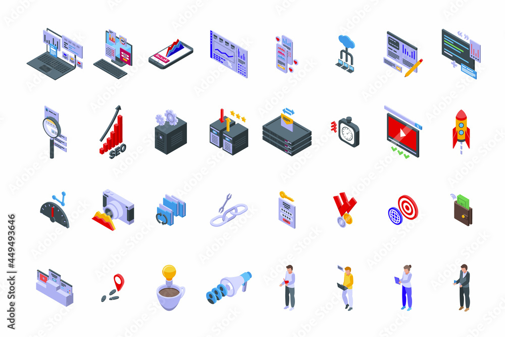 Aufkleber search engine optimization icons set isometric vector. search analysis. global internet