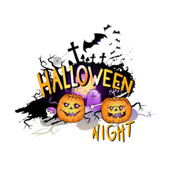 Vector Illustration with smiling Pumpkins, bats and lettering Halloween Night on a white background. Cartoon style.
