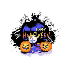 Vector Illustration with smiling Pumpkins, bats, full moon and lettering Happy Halloween on a white background. Cartoon style.