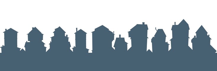 Town. Silhouette of cartoon houses of the village or city. Isolaterd, Seamless street. Nice cozy private residence in traditional European style. Nice funny home. Illustration. Vector