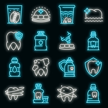 Tooth rinse icons set. Outline set of tooth rinse vector icons neon color on black