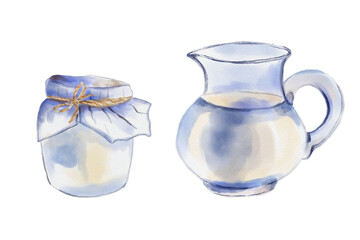 Milk jug and soured cream illustration. Isolated on white background. Digital watercolor.