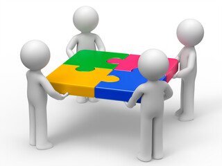 four 3d men completing jigsaws