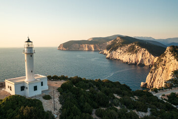 Fototapeta na wymiar Aerial view of white lighthouse at island Lefkada. Cape of Ducato