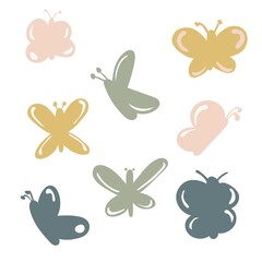 Set of minimalistic butterflies in neutral colors. Vector illustration.