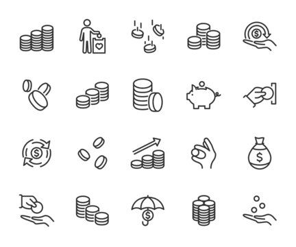 Vector set of coin line icons. Contains icons falling coins, piggy bank, coins stack, charity, cash back , donation and more. Pixel perfect.
