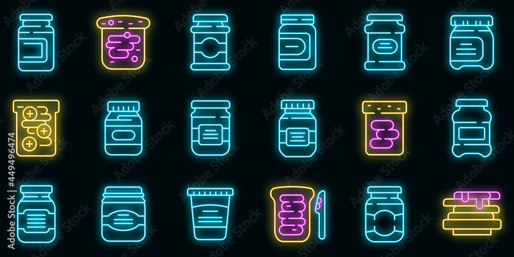Poster chocolate paste icons set. outline set of chocolate paste vector icons neon color on black