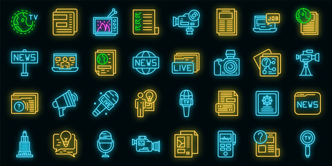 Reportage icons set. Outline set of reportage vector icons neon color on black
