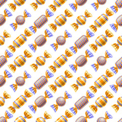 Vector Candy Seamless Pattern, square repeating wrapped candies background for child textile, poster with cut out illustrations of wrapped blue and yellow cute candies in a rows on white background.