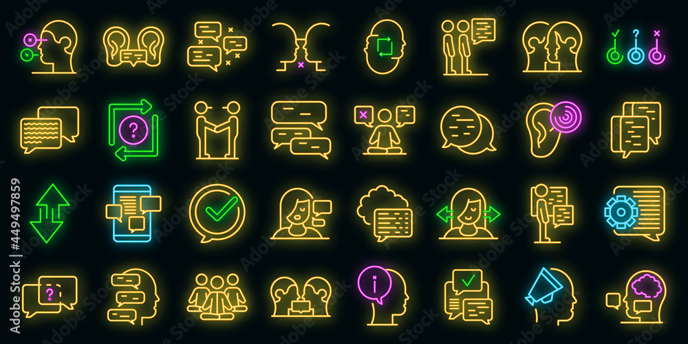 Poster discussion icons set. outline set of discussion vector icons neon color on black