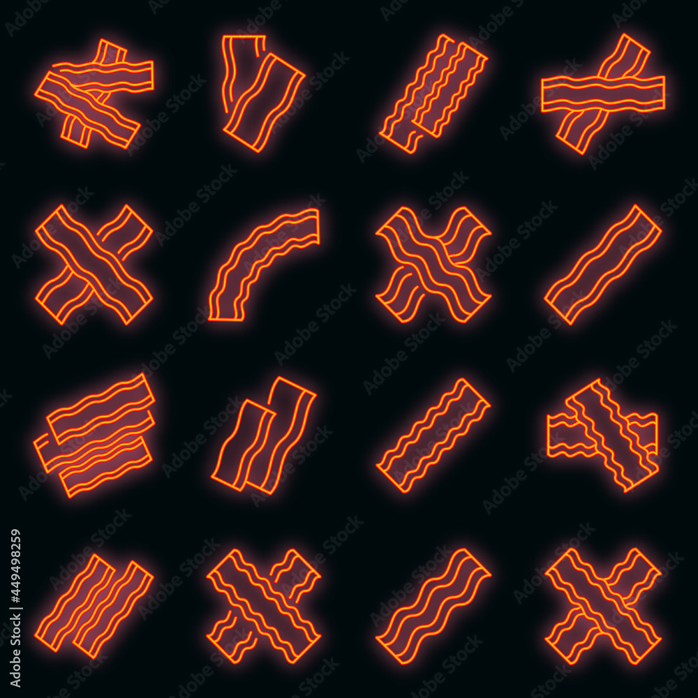 Poster bacon icons set. outline set of bacon vector icons neon color on black