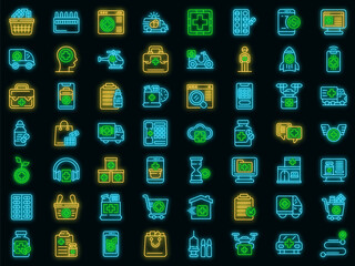 Drug delivery icons set. Outline set of drug delivery vector icons neon color on black