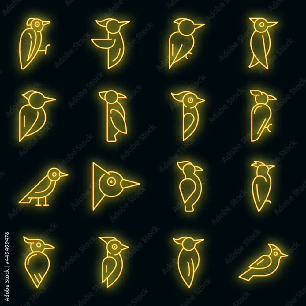 Wall mural woodpecker icons set. outline set of woodpecker vector icons neon color on black