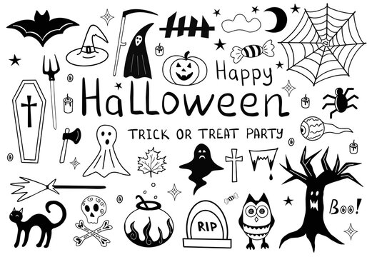 Set of pictures for Halloween on a white background. Doodle illustration hand drawing for stickers, cards, decals and seasonal design. Vector eps 10.