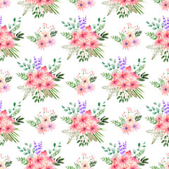 Watercolor seamless pattern with various decorative flowers and leaves