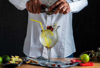 Barman de pie detrás y sosteniendo gin tonic recién preparado sobre una mesa de madera