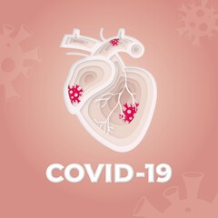 Human heart are infected with the covid-19 virus. Paper cut style.