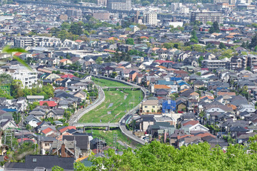 Fototapeta premium view of Nishinomiya city along the Nigawa-river in Hyogo, Japan