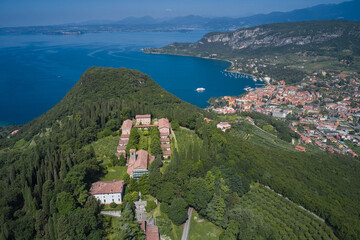 Monastery on the Eremo di San Giorgio hill,.Lake Garda, Italy. Aerial panorama Monastery on the hill. Home of Italian monks, lake garda.