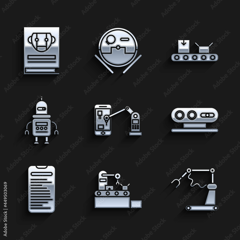 Poster set industrial machine robotic robot arm hand, factory conveyor system belt, factory, 3d scanning, c