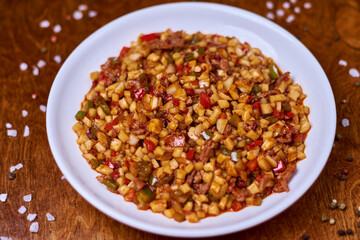 oriental dish, fried minced meat with vegetables