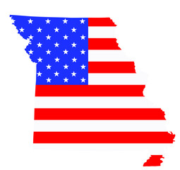Missouri state map vector silhouette illustration. United States of America flag over Missouri map. USA, American national symbol of pride and patriotism. Vote election campaign banner.