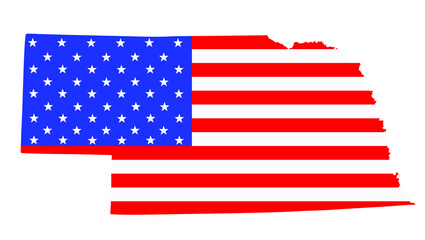 Nebraska state map vector silhouette illustration. United States of America flag over Nebraska map. USA, American national symbol of pride and patriotism. Vote election campaign banner.