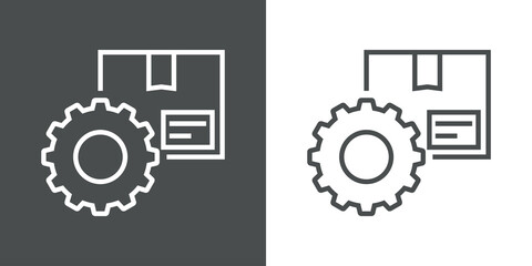 Configuracion envio. Icono plano caja de cartón con engranaje con lineas en fondo gris y fondo blanco