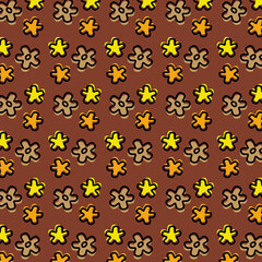 Floral stylized pattern on a brown background. Flowers with a black outline. Flat vector illustration.