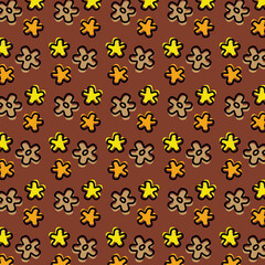 Floral stylized pattern on a brown background. Flowers with a black outline. Flat vector illustration.