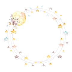 Watercolor illustration. Round frame with the moon, flora and multicolored stars. Watercolor template in the style of night, space