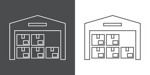 Símbolo almacén. Icono plano edificio de almacenamiento con cajas de cartón con lineas en fondo gris y fondo blanco © teracreonte