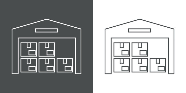 Símbolo almacén. Icono plano edificio de almacenamiento con cajas de cartón con lineas en fondo gris y fondo blanco