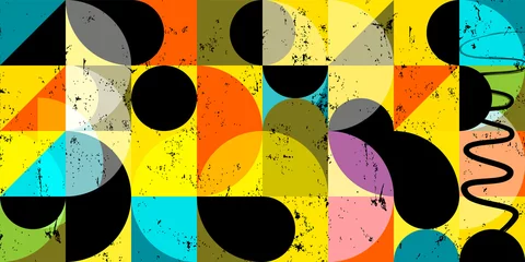 Gordijnen seamless abstract geometric background pattern, retro style, with circles, semicircle, squares, paint strokes and splashes © Kirsten Hinte