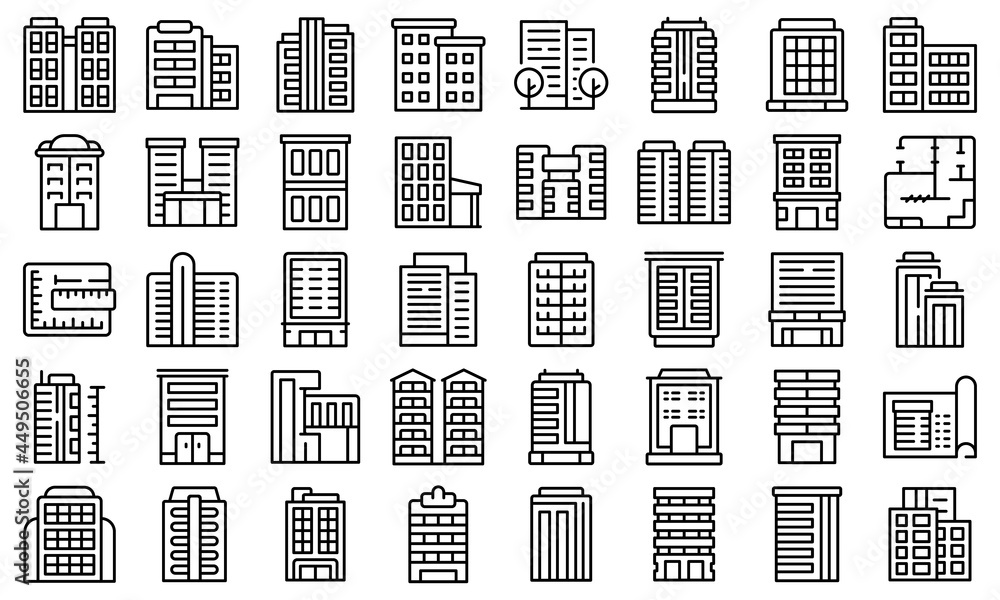 Poster multistory building icons set outline vector. architecture interior. house design