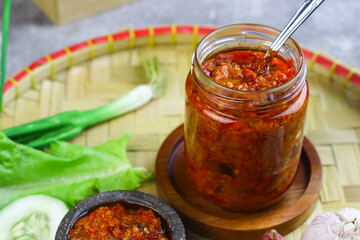 Sambal Terasi Masak or Indonesian traditional chili paste, made from chilies, tomato, garlic, shallot and some spices. 