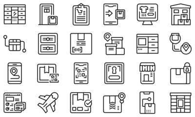 Self-service parcel delivery icons set outline vector. Automat locker. Parcel station