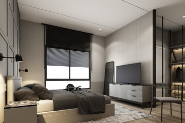interior design modern classic style of bedroom with gray spay paint black marble wood and gold texture and white furniture set 3d rendering interior