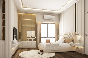 interior design modern classic style of bedroom with white spay paint wood and gold texture and white furniture set 3d rendering interior