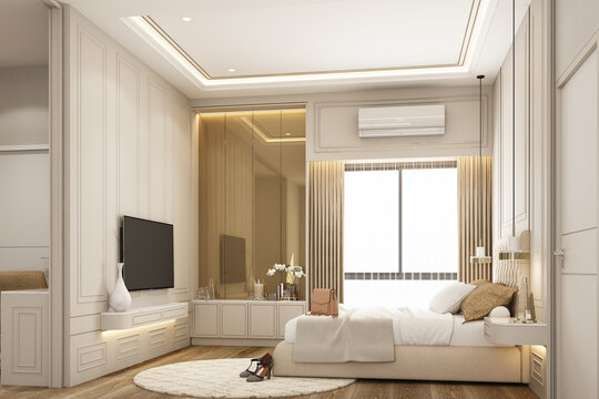 interior design modern classic style of bedroom with white spay paint wood and gold texture and white furniture set 3d rendering interior