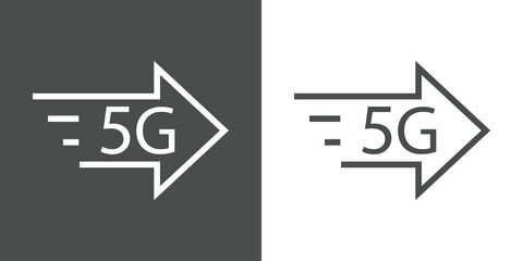 Logotipo de red inalámbrica o wifi de alta velocidad. Logo texto 5G con flecha con lineas de velocidad en fondo gris y fondo blanco
