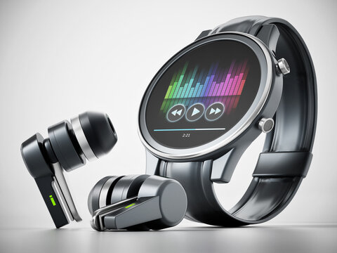 Generic smartwatch and wireless bluetooth earphones. 3D illustration