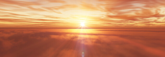 Fototapeta na wymiar fly above clouds sunset landscape