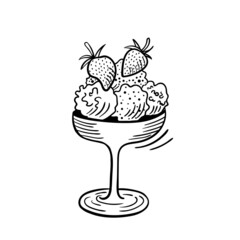 Ice cream balls with strawberries.  Hand drawn sketch delicious dessert. Vector isolated Doodle illustration on a white background.