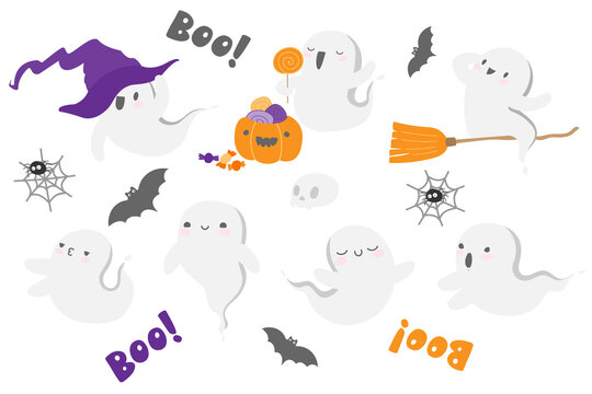 Halloween ghost spirit in cute Japanese kawaii style. funny smiling samhain ghosts with skull, skeleton, boo lettering, bat, cobweb, witch hat, broom, pumpkin and sweets. trick or treat stock cartoon.