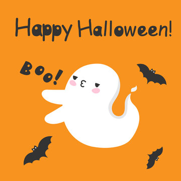 Cute Kawaii Halloween Spirit Spooky Ghost Kiss. Trick Or Treat Poster. Samhain, Fear. Flat Cartoon Happy Halloween Smiling Character Say Boo. Vector Illustration On Orange.