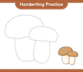 Handwriting practice. Tracing lines of Mushroom Boletus. Educational children game, printable worksheet, vector illustration