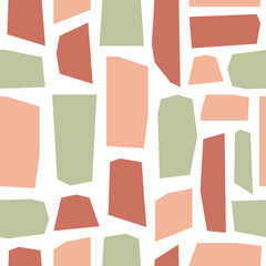 Abstraktes Schneiden minimales kreatives nahtloses Muster auf weißem Hintergrund. Trendige verschiedene geometrische Formen in Pastellfarben. Vektor-Illustration